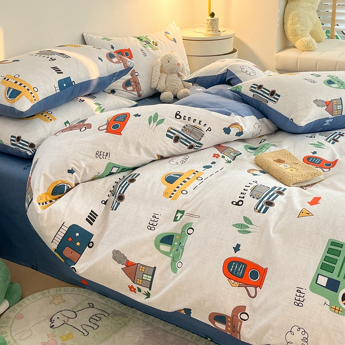 91家纺网 家纺一手货源 找家纺 吉象家纺 2024新款全棉印花卡通四件套系列 汽车嘟嘟