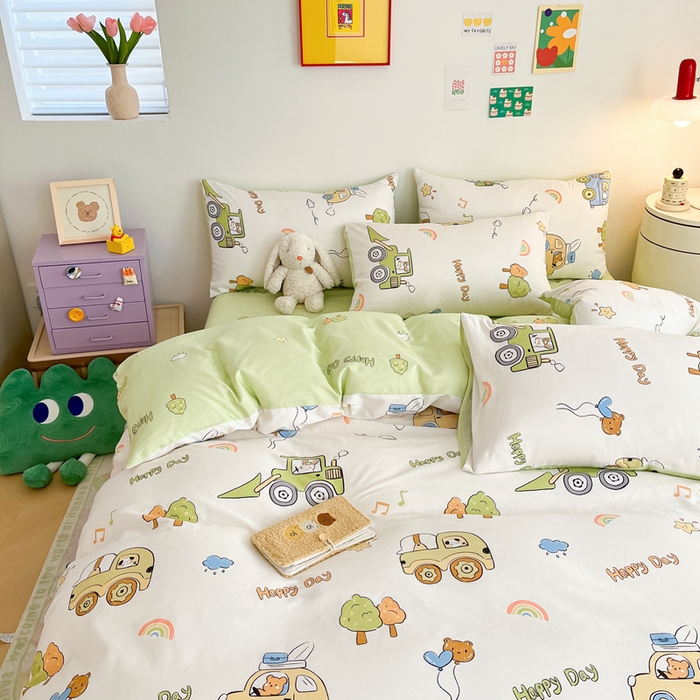 91家纺网 家纺一手货源 找家纺 吉象家纺 2024新款全棉印花卡通四件套系列 工程车