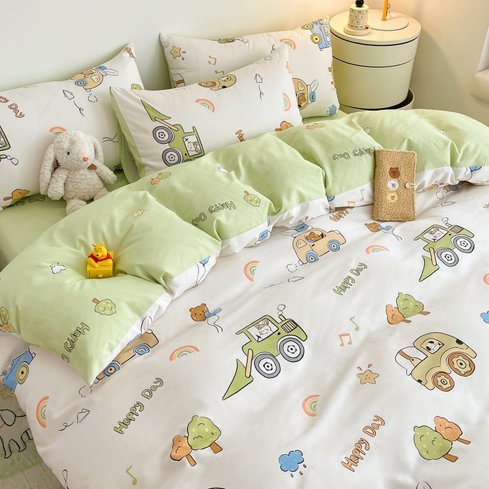 91家纺网 家纺一手货源 找家纺 吉象家纺 2024新款全棉印花卡通四件套系列 工程车