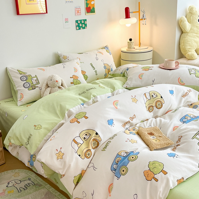 91家纺网 家纺一手货源 找家纺 吉象家纺 2024新款全棉印花卡通四件套系列 工程车