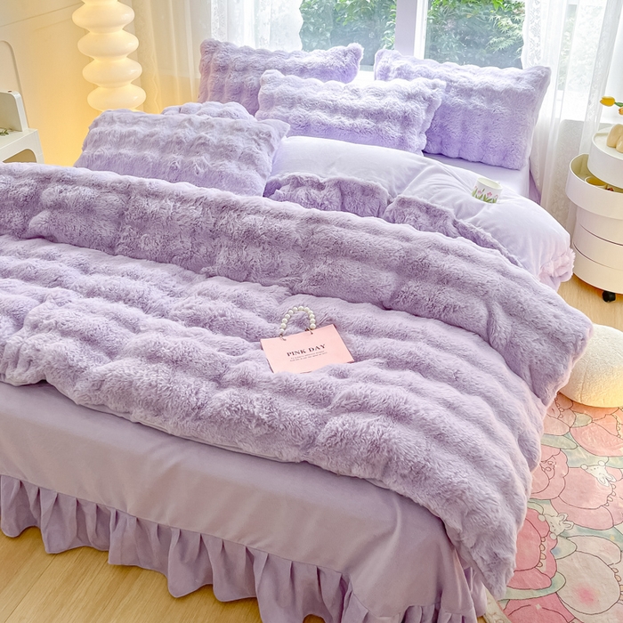 91家纺网 家纺一手货源 找家纺 慕澄家纺 2024新款大泡泡兔毛绒加厚保暖四件套 兔绒-紫