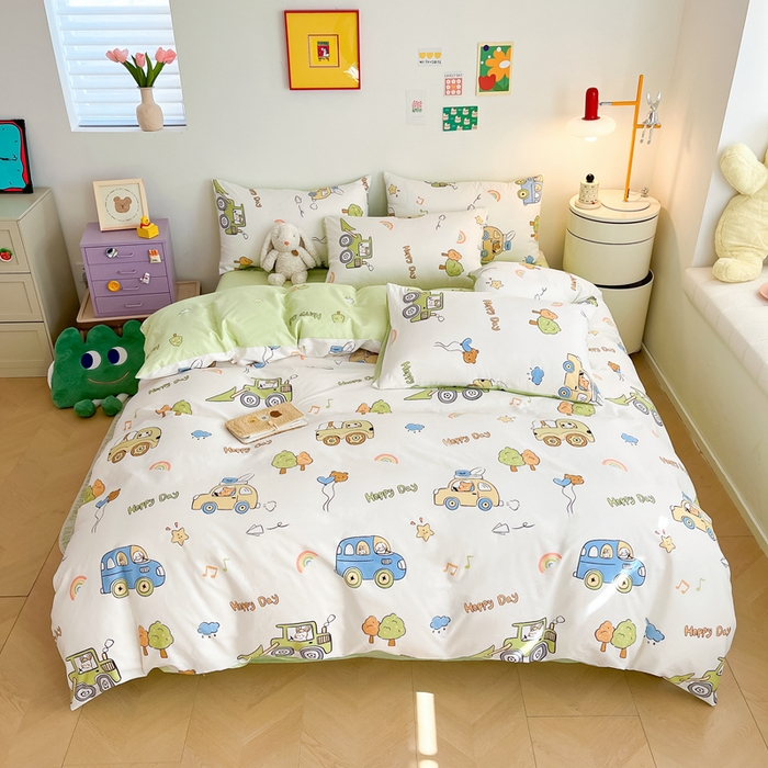 91家纺网 家纺一手货源 找家纺 吉象家纺 2024新款全棉印花卡通四件套系列 工程车