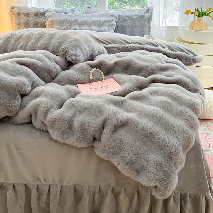 91家纺网 家纺一手货源 找家纺 慕澄家纺 2024新款大泡泡兔毛绒加厚保暖四件套 兔绒-灰