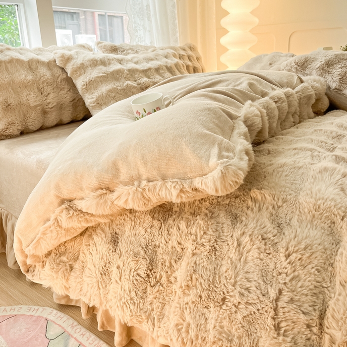 91家纺网 家纺一手货源 找家纺 慕澄家纺 2024新款大泡泡兔毛绒加厚保暖四件套 兔绒-咖