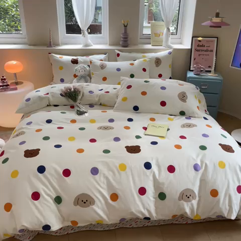 91家纺网 家纺一手货源 找家纺 吉象家纺 2024新款全棉印花卡通四件套系列 炫彩狗