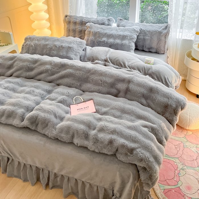 91家纺网 家纺一手货源 找家纺 慕澄家纺 2024新款大泡泡兔毛绒加厚保暖四件套 兔绒-灰