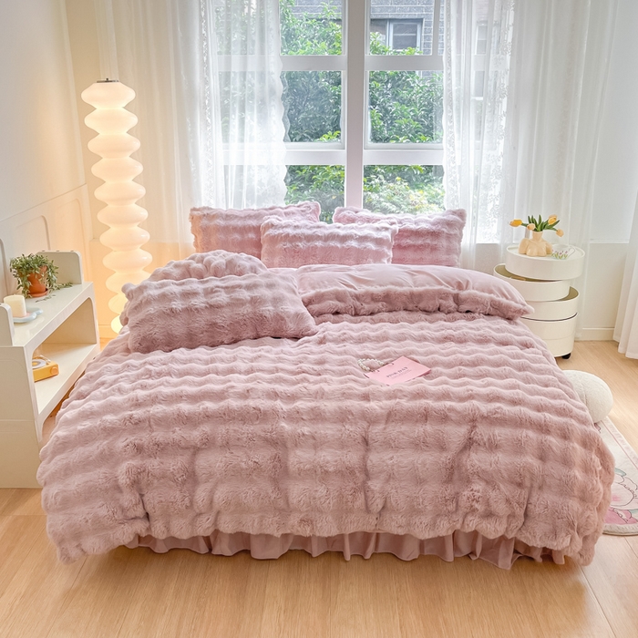 91家纺网 家纺一手货源 找家纺 慕澄家纺 2024新款大泡泡兔毛绒加厚保暖四件套 兔绒-粉