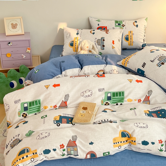 91家纺网 家纺一手货源 找家纺 吉象家纺 2024新款全棉印花卡通四件套系列 汽车嘟嘟