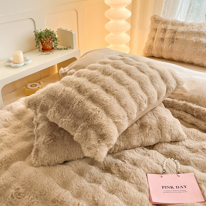 91家纺网 家纺一手货源 找家纺 慕澄家纺 2024新款大泡泡兔毛绒加厚保暖四件套 兔绒-咖