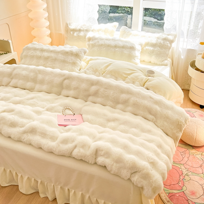 91家纺网 家纺一手货源 找家纺 慕澄家纺 2024新款大泡泡兔毛绒加厚保暖四件套 兔绒-白