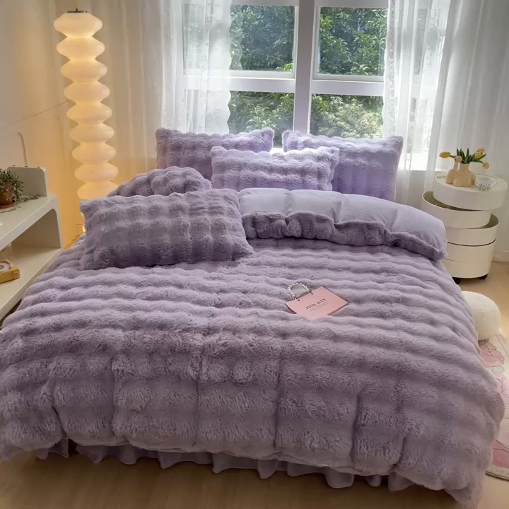 91家纺网 家纺一手货源 找家纺 慕澄家纺 2024新款大泡泡兔毛绒加厚保暖四件套 兔绒-紫