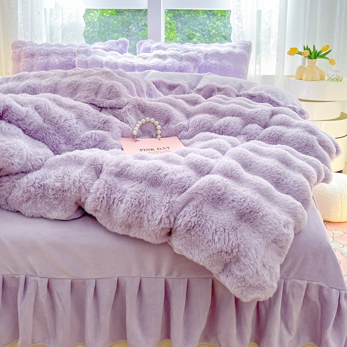 91家纺网 家纺一手货源 找家纺 慕澄家纺 2024新款大泡泡兔毛绒加厚保暖四件套 兔绒-紫