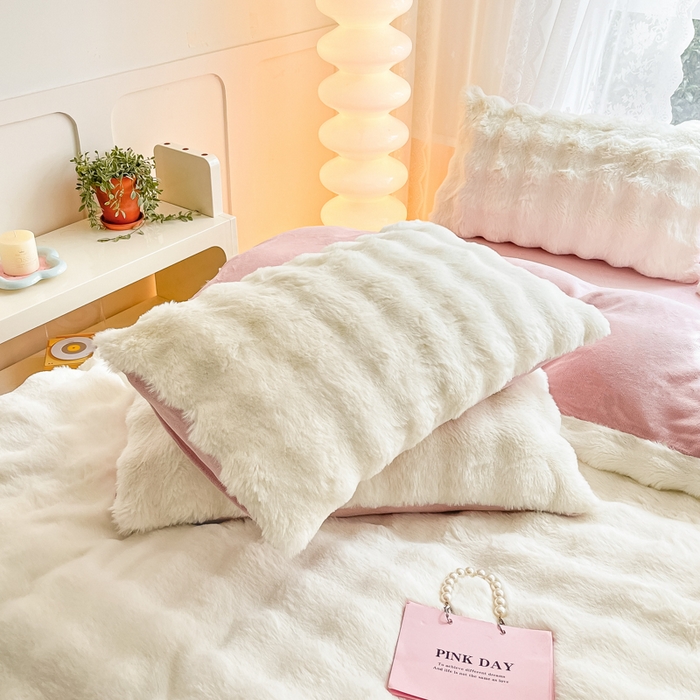 91家纺网 家纺一手货源 找家纺 慕澄家纺 2024新款大泡泡兔毛绒加厚保暖四件套 兔绒-白+粉