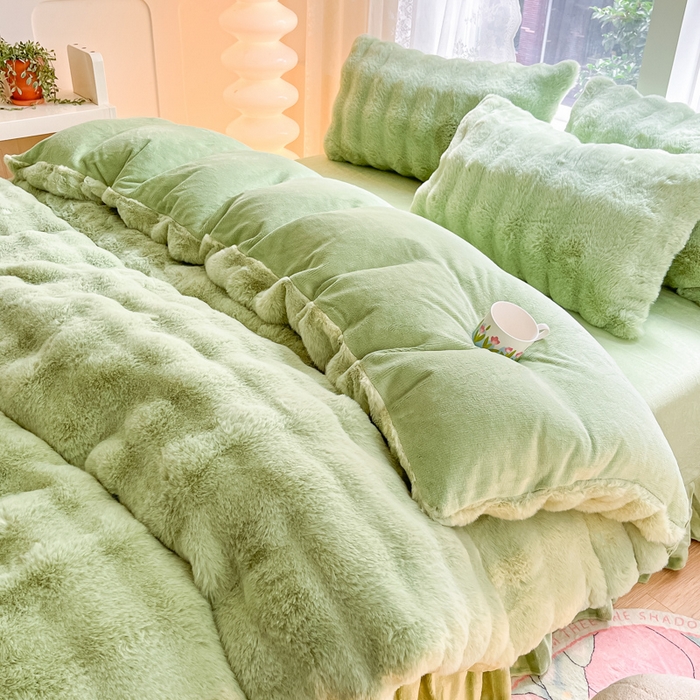 91家纺网 家纺一手货源 找家纺 慕澄家纺 2024新款大泡泡兔毛绒加厚保暖四件套 兔绒-绿
