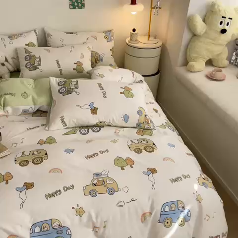 91家纺网 家纺一手货源 找家纺 吉象家纺 2024新款全棉印花卡通四件套系列 工程车