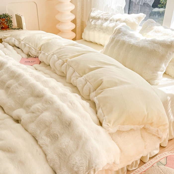 91家纺网 家纺一手货源 找家纺 慕澄家纺 2024新款大泡泡兔毛绒加厚保暖四件套 兔绒-白