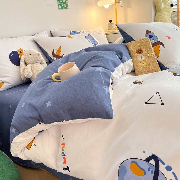 91家纺网 家纺一手货源 找家纺 吉象家纺 2024新款全棉印花卡通四件套系列 太空旅行