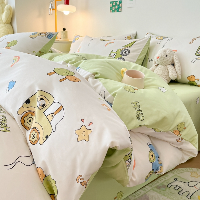 91家纺网 家纺一手货源 找家纺 吉象家纺 2024新款全棉印花卡通四件套系列 工程车