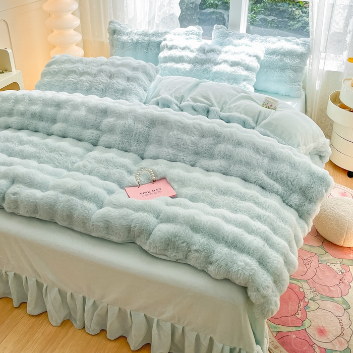 91家纺网 家纺一手货源 找家纺 慕澄家纺 2024新款大泡泡兔毛绒加厚保暖四件套 兔绒-蓝