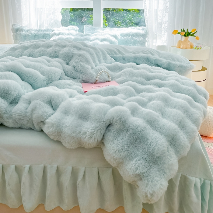 91家纺网 家纺一手货源 找家纺 慕澄家纺 2024新款大泡泡兔毛绒加厚保暖四件套 兔绒-蓝