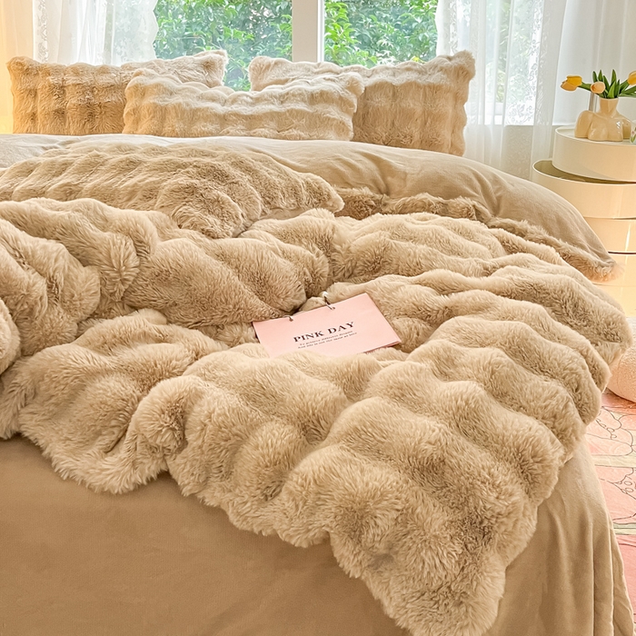 91家纺网 家纺一手货源 找家纺 慕澄家纺 2024新款大泡泡兔毛绒加厚保暖四件套 兔绒-咖