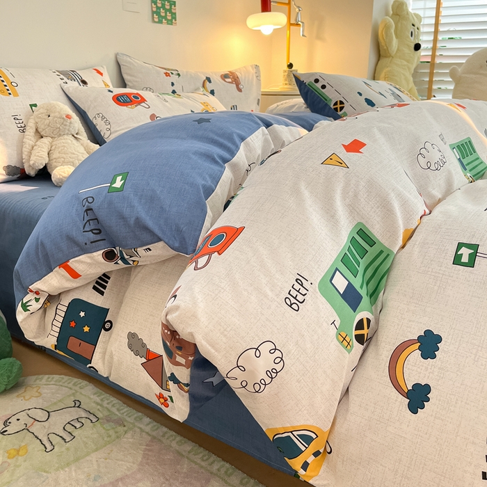 91家纺网 家纺一手货源 找家纺 吉象家纺 2024新款全棉印花卡通四件套系列 汽车嘟嘟