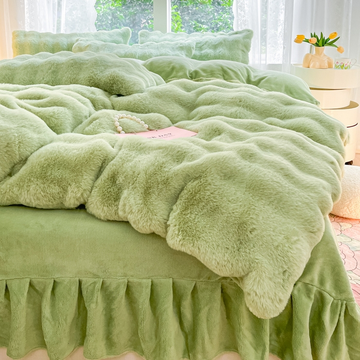 91家纺网 家纺一手货源 找家纺 慕澄家纺 2024新款大泡泡兔毛绒加厚保暖四件套 兔绒-绿