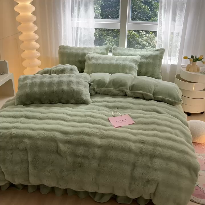 91家纺网 家纺一手货源 找家纺 慕澄家纺 2024新款大泡泡兔毛绒加厚保暖四件套 兔绒-绿
