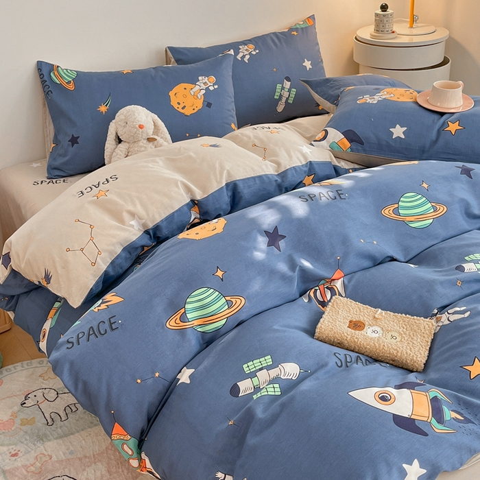 91家纺网 家纺一手货源 找家纺 吉象家纺 2024新款全棉印花卡通四件套系列 环游太空