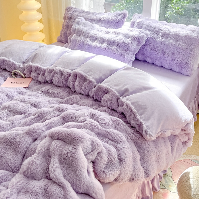 91家纺网 家纺一手货源 找家纺 慕澄家纺 2024新款大泡泡兔毛绒加厚保暖四件套 兔绒-紫
