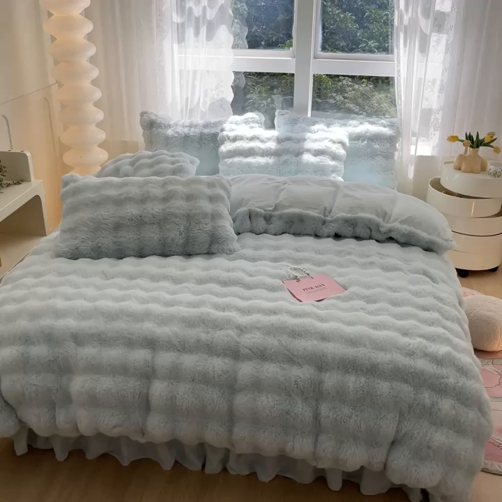 91家纺网 家纺一手货源 找家纺 慕澄家纺 2024新款大泡泡兔毛绒加厚保暖四件套 兔绒-蓝