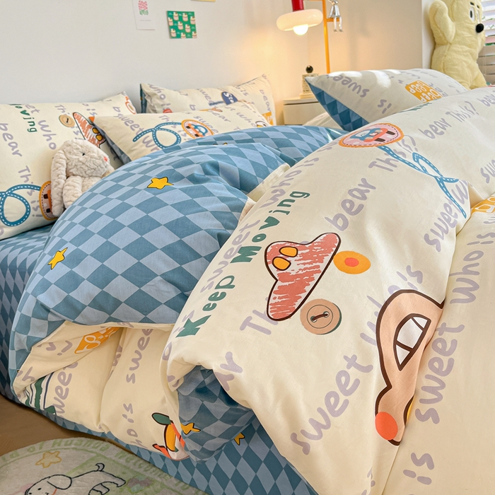 91家纺网 家纺一手货源 找家纺 吉象家纺 2024新款全棉印花卡通四件套系列 汽车向导