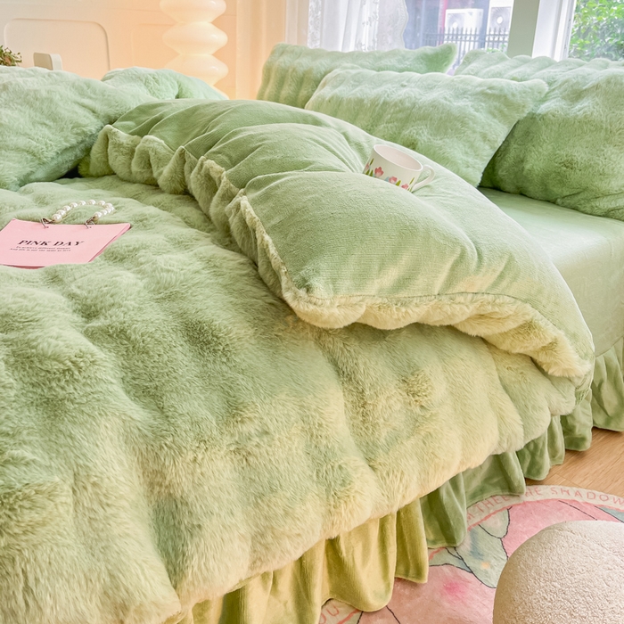 91家纺网 家纺一手货源 找家纺 慕澄家纺 2024新款大泡泡兔毛绒加厚保暖四件套 兔绒-绿