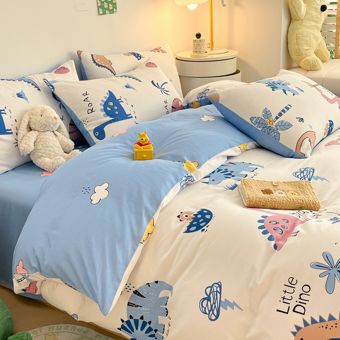 91家纺网 家纺一手货源 找家纺 吉象家纺 2024新款全棉印花卡通四件套系列 趣味恐龙