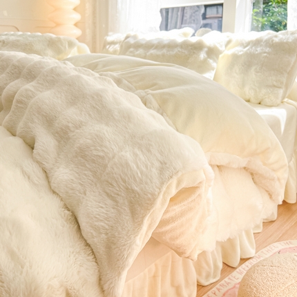 91家纺网 家纺一手货源 找家纺 慕澄家纺 2024新款大泡泡兔毛绒加厚保暖四件套 兔绒-白