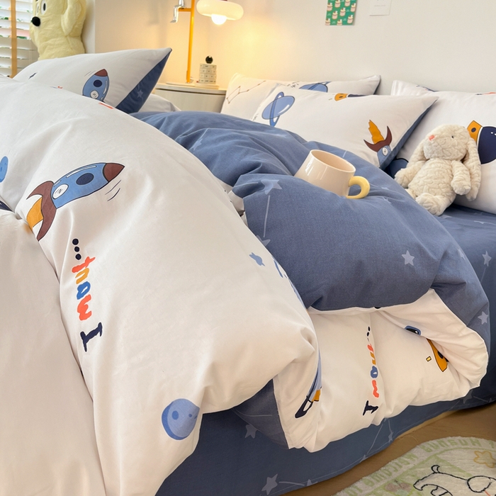 91家纺网 家纺一手货源 找家纺 吉象家纺 2024新款全棉印花卡通四件套系列 太空旅行