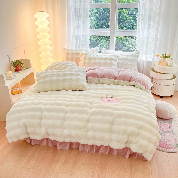 91家纺网 家纺一手货源 找家纺 慕澄家纺 2024新款大泡泡兔毛绒加厚保暖四件套 兔绒-白+粉