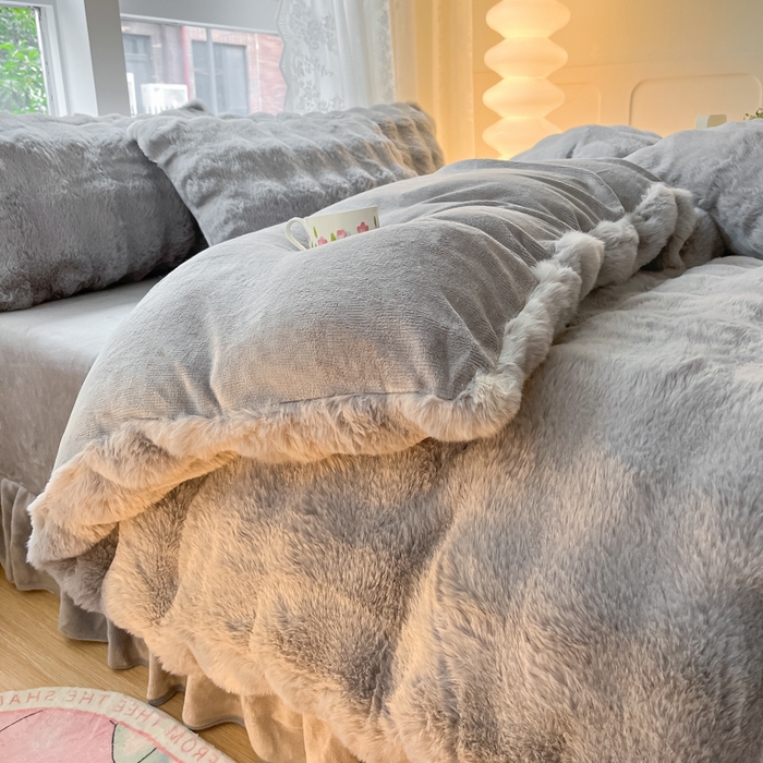 91家纺网 家纺一手货源 找家纺 慕澄家纺 2024新款大泡泡兔毛绒加厚保暖四件套 兔绒-灰