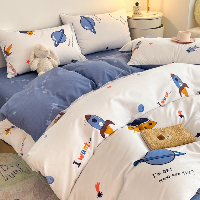 91家纺网 家纺一手货源 找家纺 吉象家纺 2024新款全棉印花卡通四件套系列 太空旅行