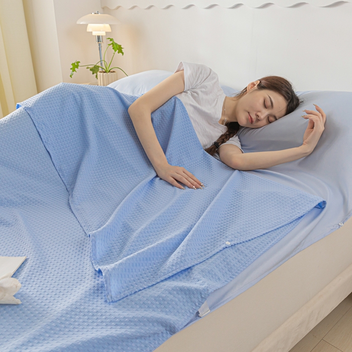 91家纺网 家纺一手货源 找家纺 慕澄家纺 2024新款华夫格便携睡袋 华夫格-天蓝