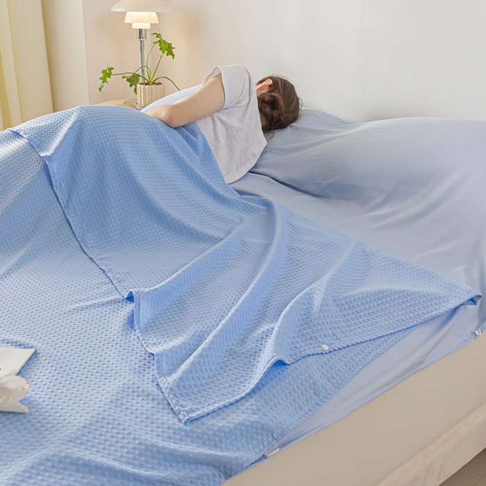 91家纺网 家纺一手货源 找家纺 慕澄家纺 2024新款华夫格便携睡袋 华夫格-天蓝