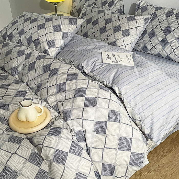 91家纺网 家纺一手货源 找家纺 小懒猪 2024春夏新款北欧风13372全棉四件套 格韵时尚