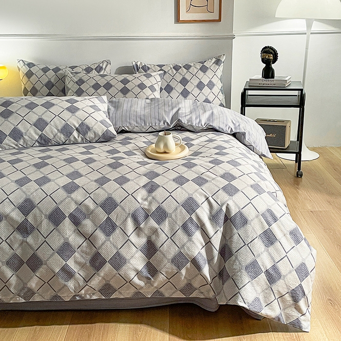 91家纺网 家纺一手货源 找家纺 小懒猪 2024春夏新款北欧风13372全棉四件套 格韵时尚