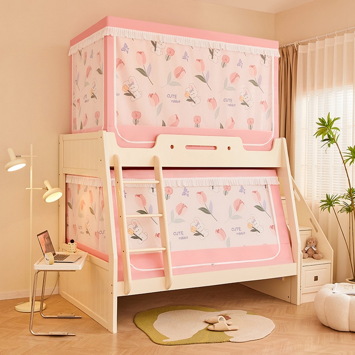 91家纺网 家纺一手货源 找家纺 迪凡保罗蚊帐 2025新款2407专版印花遮光帘上下铺子母蚊帐 郁金香小兔