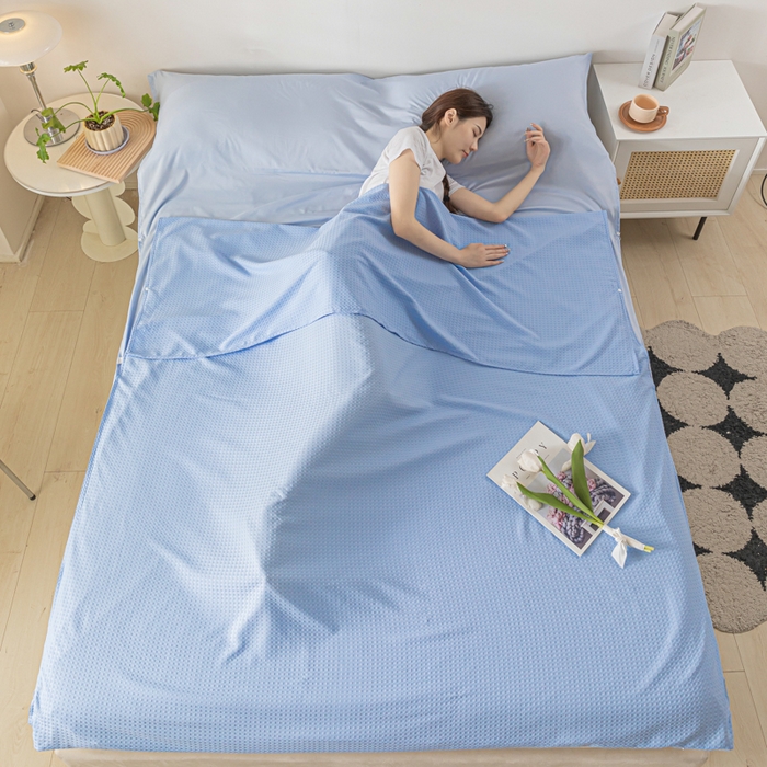 91家纺网 家纺一手货源 找家纺 慕澄家纺 2024新款华夫格便携睡袋 华夫格-天蓝