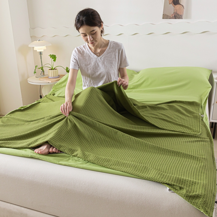 91家纺网 家纺一手货源 找家纺 慕澄家纺 2024新款华夫格便携睡袋 华夫格-墨绿