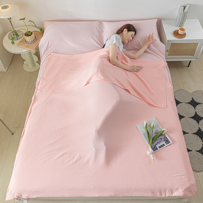 91家纺网 家纺一手货源 找家纺 慕澄家纺 2024新款华夫格便携睡袋 华夫格-浅粉