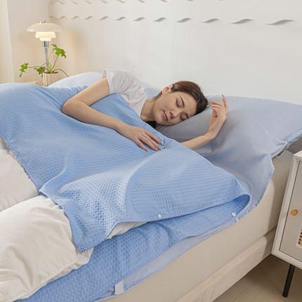 91家纺网 家纺一手货源 找家纺 慕澄家纺 2024新款华夫格便携睡袋 华夫格-天蓝