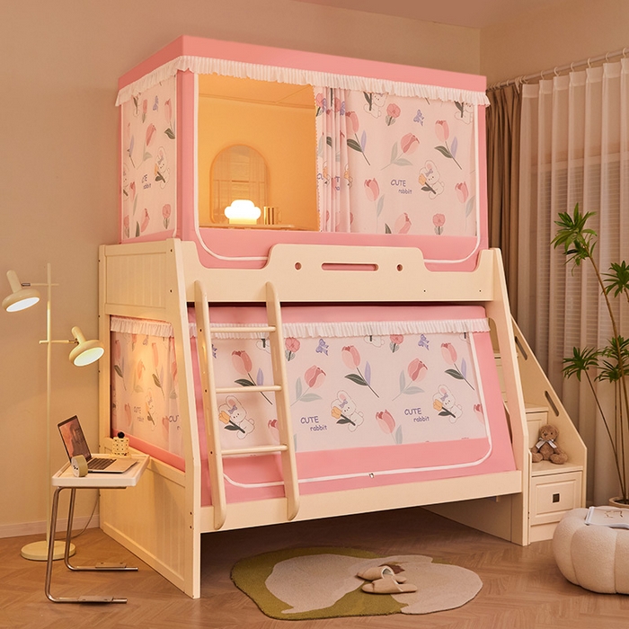 91家纺网 家纺一手货源 找家纺 迪凡保罗蚊帐 2025新款2407专版印花遮光帘上下铺子母蚊帐 郁金香小兔