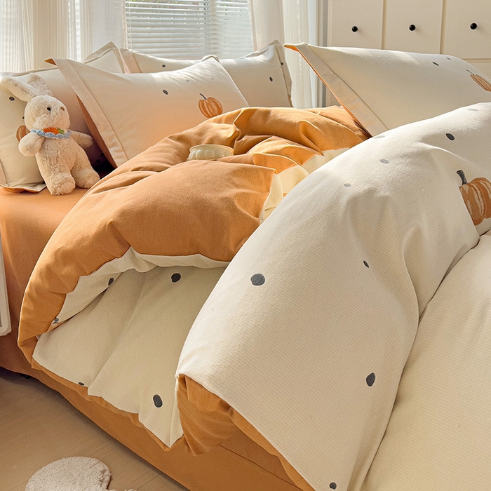 91家纺网 家纺一手货源 找家纺 暖芯优选 2025新款小清新印花全棉磨毛四件套 南瓜屋